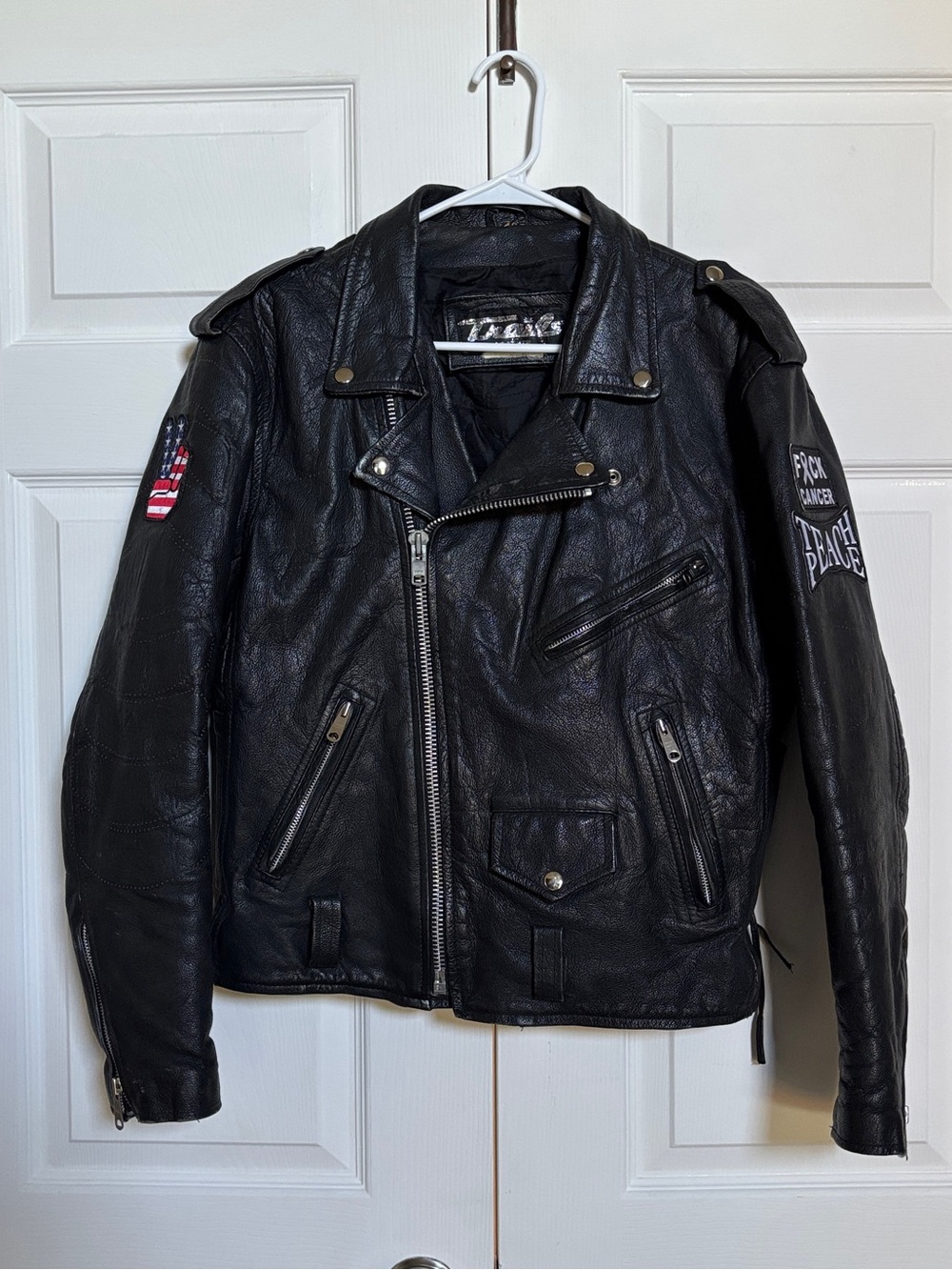Vintage Trails Leather Black Biker Jacket Wings Patches Size 42